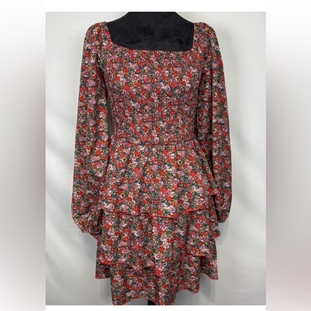 Floral Square Neck Smocked Dress 3 Ruffled Tiers SMALL, Red Lavender NWOT BTFBM
